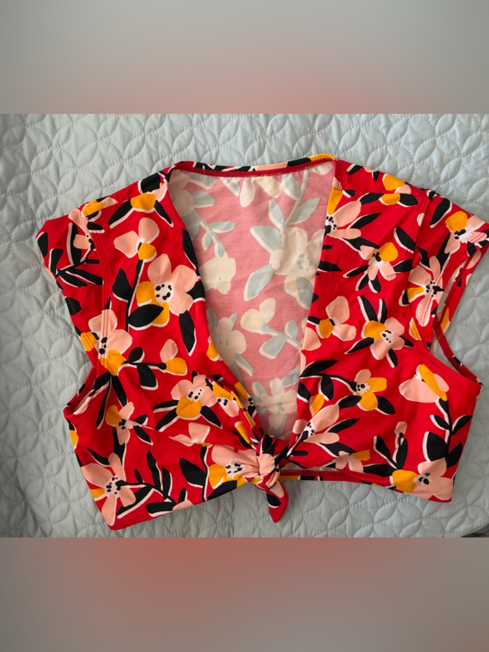 Red Floral Tie-Front Bikini Top